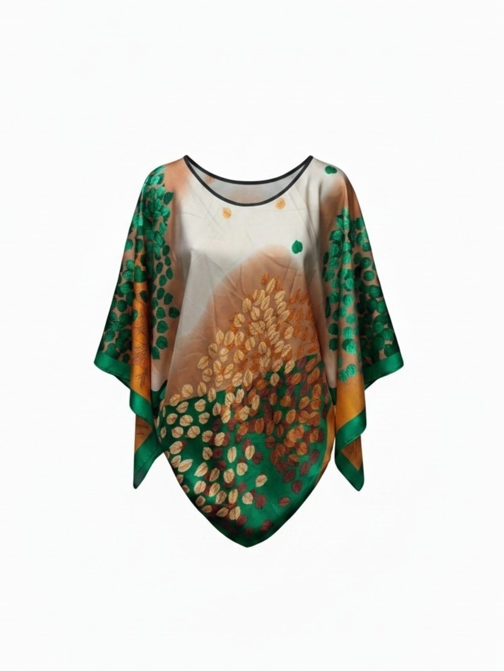 Green and Gold Floral Print Silk-Feel Poncho Tunic
